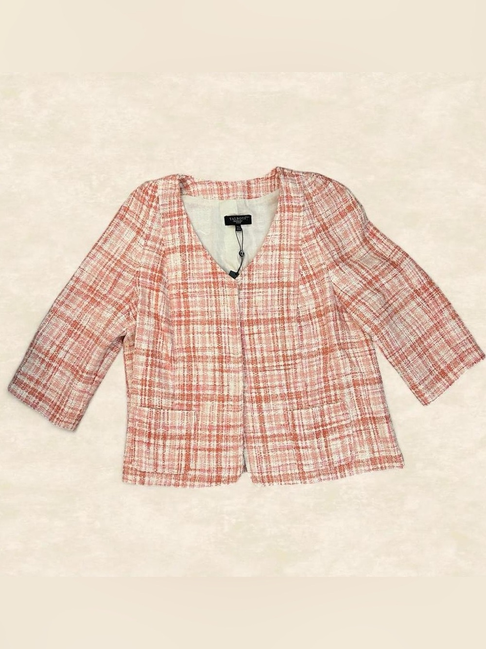 NWT Talbots Blazer Open Front Plaid Orange Pink Pockets SZ 14W Preppy Business